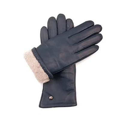 Immagine di Hand Gewand by Weikert Esclusivi guanti in pelle di agnello foderati con pelliccia merino, touchscreen, taglio lungo fino al polso, da donna agnello, blu navy, 6.5