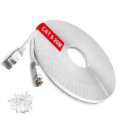 Immagine di TBMax Cavo Ethernet 20m Cat6 Piatto di Rete ed alta velocità 10/100/1000Mbps RJ45 LAN Patch OFC UTP per PC, Console, TV Box, Modem, Bianco