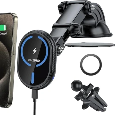 Immagine di OHLPRO Caricatore magnetico wireless per auto, compatibile con iPhone 15/14/13/12, supporto telefono da braccio telescopico regolabile, ventosa, parabrezza, cruscotto, presa d&#039;aria