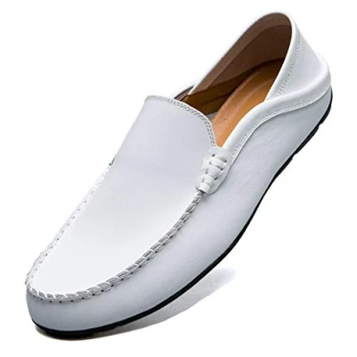 Immagine di Unitysow Mocassini Uomo Pelle Estivi Pantofole Casual Eleganti Slip On Scarpe da Guida Barca Classic Loafers Bianco 40EU