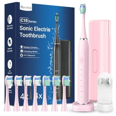 Immagine di Sonic spazzolino elettrico sonico da viaggio, sonico, con 8 teste, 5 modalità, timer, colore rosa chiaro