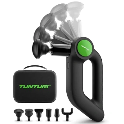 Immagine di Tunturi MG70 Pistola massaggiante professionale Massaggiatore con testa regolabile multi manico Include 6 accessori e valigetta potente silenzioso app gratuita.,Nero