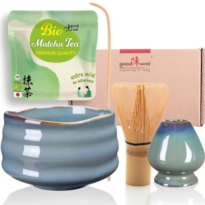 Immagine di Goodwei Set di Matcha Completo Tazza Cerimoniale con frusta e cucchiaio incl. Tè Biologico Giapponese (Menouseki)