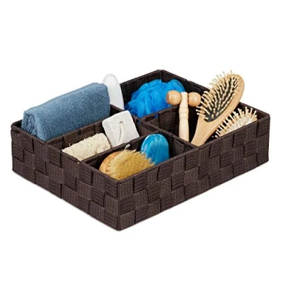 Immagine di Relaxdays Contenitore Bagno Portaoggetti, 5 Scomparti, Cestino Rettangolare, Organizer Intrecciato, Plastica, Marrone, PP, Metallo, 1 pz