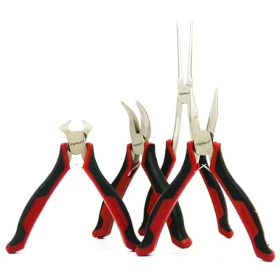 Immagine di INGDAUM® Mini pinza decespugliatore, a becco piegata e dritta, tronchese lungo piatto (4 pinze nichelate: tronchese, 3 dritto, angolato lungo)