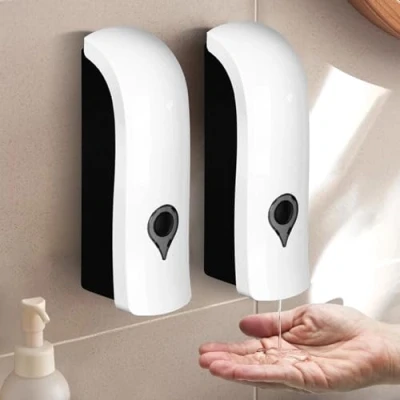 Immagine di 2 Pezzi Dispenser di Sapone Liquido 300 ml, per Shampoo e Bagnoschiuma da Parete, Liquido, Senza Foratura, Manuale Dispenser, a Parete (Bianco)