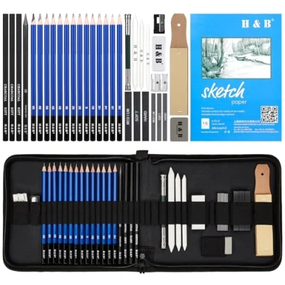Immagine di Coolzon Matite da Disegno Schizzo, 35 pz Artista Set Valigetta con a Fusaino, Matita Grafite, Gomma Coltello Extensore in una custodia