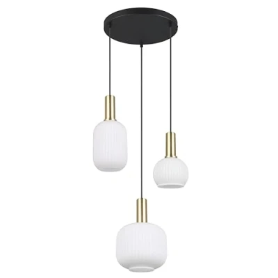 Immagine di Trio Leuchten Pendelleuchte Diva 319830308, Metall Messing/Schwarz matt, Glas Weiß, exkl. 3x E27