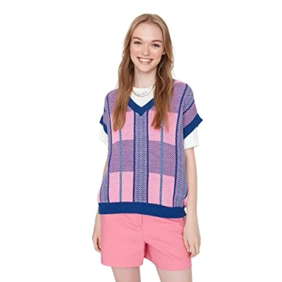 Immagine di Trendyol Maglia da Donna con Scollo a V Standard Regolare Maglione, Blu, S