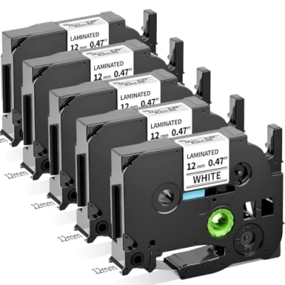 Immagine di Nastro per Etichette Oozmas TZe 231 Compatibile con Brother Ptouch H105 TZ231 TZe231 Tape 12mm 0.47 laminated Nero su Bianco, P touch D210 D400 H110 H107B Cube, 5Pz