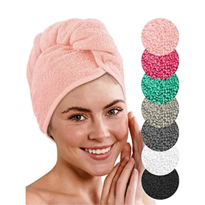 Immagine di LAYNENBURG Asciugamano Turbante Deluxe con Bottone per Capelli Corti e Lunghi Spugna di Cotone 4 Lacci Gratis Asciugatura Rapida asciugacapelli Super Assorbente (Rosa)