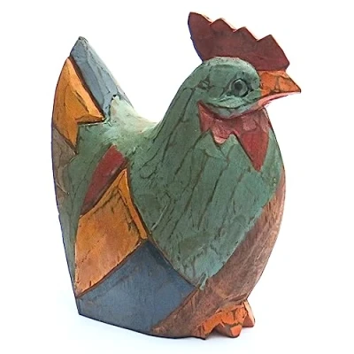 Immagine di Statua in legno a forma di gallina/gallina, intagliata e dipinta mano stile rustico