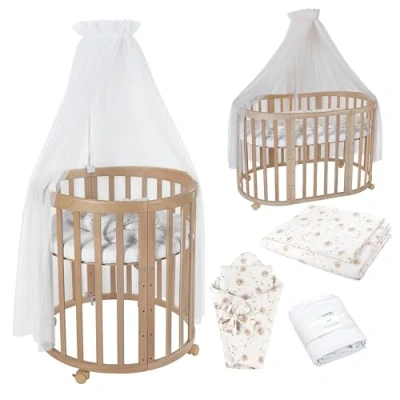 Immagine di Lettino Mobile Waldin 7in1, Materasso, Culla Espandibile, Ventilato, Base Regolabile 5 Posizioni, Set Completto, Legno Naturale, Tessuti Tarassaco Bianco