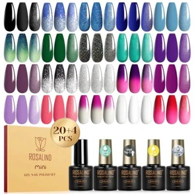 Immagine di ROSALIND Smalto Semipermanente Unghie Termico, 24 Pezzi per Camaleonte con Base Coat Top Coat, Mat Opaco Glitterato Blu Verde Viola Colori Termici Cambia Colore Manicure
