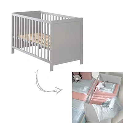 Immagine di roba Lettino Co sleeping 60 x 120 cm, Rete a Doghe Incluso, Regolabile in Altezza, 5 Pioli Estraibili, da Attaccare al Letto dei Genitori, Legno Grigio