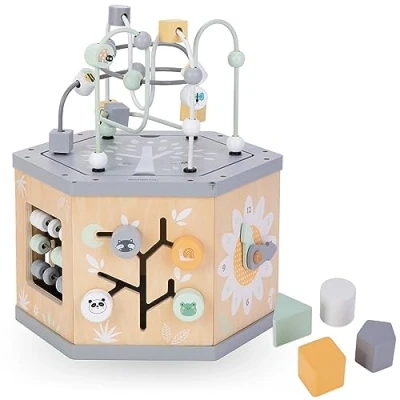 Immagine di Mamabrum, Cubo Didattico 7 in 1 Legno Anello Motore, Abaco Colorato, Orologio, Numeri Rotanti, Selettore di Forme, Ingranaggi Centro attività Labirinto