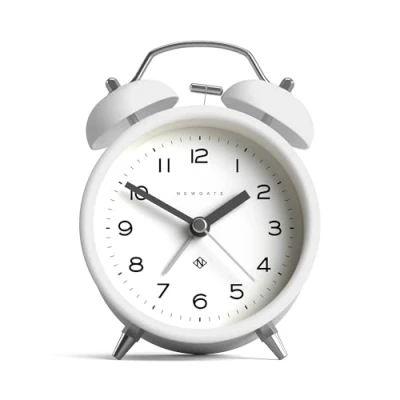 Immagine di Newgate®, silenziosa Sveglia Moderna cassa in metallo con martello classico e doppia campana di allarme HWD 14,5 x 9,7 5,5cm (Bianco)