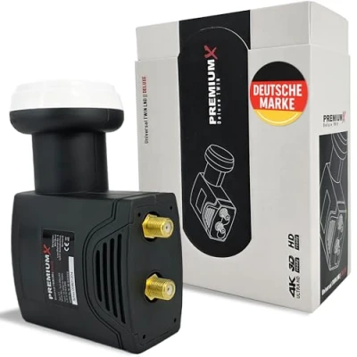 Immagine di Premium X Deluxe Twin LNB Convertitore di Segnale per 2 utenti con Ricezione satellitare Digitale in HD, UHD e 4K. Supporto DVB S2 oscillatore Riferimento PLL la Massima Prestazioni