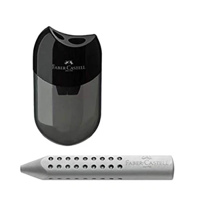Immagine di Faber Castell 183500 Doppio temperamatite, di colore nero/trasparente, in set con gomma da cancellare triangolare grigio