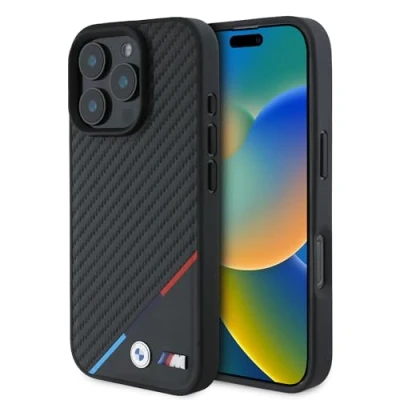 Immagine di CG MOBILE BMW HC M custodia per iPhone 16 Pro Max, durevole, antiurto, compatibile con Magsafe, in PU Carbon Tricolor Line Nero