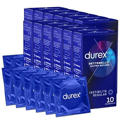 Immagine di Durex Settebello Extra Sicuro Preservativi Uomo in Lattice di Gomma Naturale Trasparenti ed Lubrificati Forma Easy On con Serbatoio Vestibilità Regular Spesso 12 Confezioni da 10 Profilattici