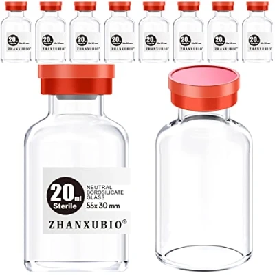 Immagine di ZHANXUBIO Flaconi vuote sterili con porta di iniezione autoguarigione e tappo in plastica alluminio, confezione sterile (20 ml trasparente 10 pezzi)