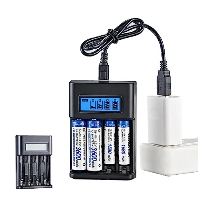Immagine di Tsuchiya Caricabatterie AA AAA a 4 alloggiamenti,Ingresso USB Ricarica Rapida e Slot di Indipendente con Display LCD Intelligente per batterie NiMH AA/AAA