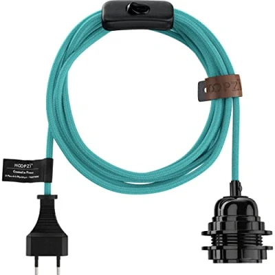 Immagine di Hoopzi Bala Cavo Elettrico Tessuto 36 Colori 4,5 Metri Portalampada E27 con interruttore Lampade a Sospensione Colore Turchese