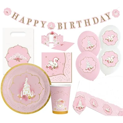 Immagine di amscan 9907569 66 Princess for a Day, Set di stoviglie USA e Getta Decorazioni, 56 Pezzi, Principessa, Cigno, Castello, Compleanno per Bambini, Festa Tema, Stampa Lettere, Multicolore