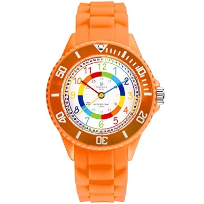 Immagine di Alienwork Kids Orologio di Apprendimento bambini Ragazze Arancione Bracciale in Silicone Multicolore Impermeabile 5 ATM Tempo