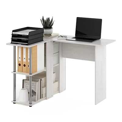 Immagine di Furinno Abbott Scrivania a Forma di L con scaffale, Legno ingegnerizzato, Rovere Bianca/Cromato, 87.63 (D) x 104.39 (W) 73.41 (H) cm