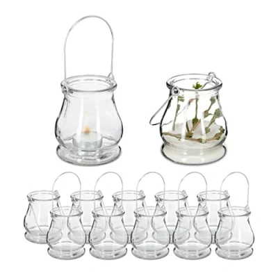 Immagine di Relaxdays Vasetti Portacandele, Set da 12, in Vetro, Ampolle con Manico, Interni e Esterni, HxD 10x8,5 cm, Trasparente, 90% 10% Acciaio Inox