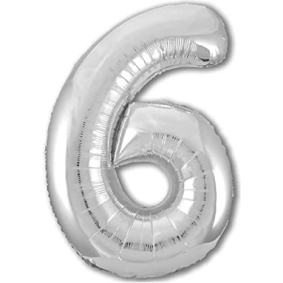 Immagine di Palloncino 6 Compleanno Numero Gigante Argento, XXL di 100 cm. Decorazione Compleanno. ad Aria o Elio.