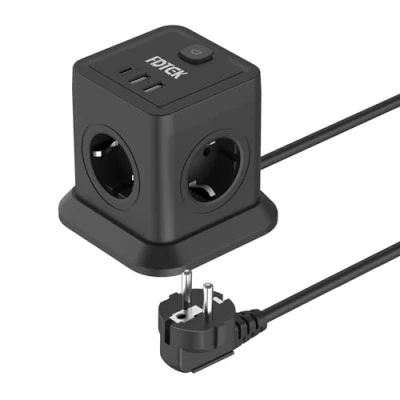 Immagine di Multipresa Cubo con Interruttore, FDTEK Ciabatte Elettriche 3 Porte USB e 4 Prese CA, Presa Salvaspazio Nero Protezione da Sovratensioni Scrivania, Cavo 2 m, 2500W/10A
