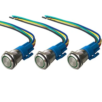 Immagine di QitinDasen 3Pcs Premium 12V / 24V 5A Interruttore a Pulsante Momentaneo, 19mm in Metallo con LED Verde, Avviamento Auto Acciaio Inossidabile impermeabile