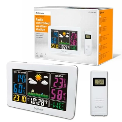 Immagine di Stazione meteo digitale automatica Denver WS 540WHITE. Wireless. Display LED a colori. Termometro igrometro per la misurazione della temperatura e dell&#039;umidità interna/esterna.