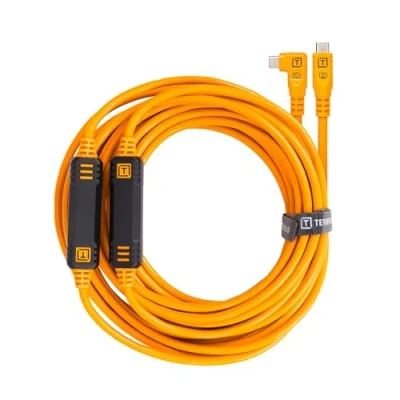 Immagine di Tether Tools TetherPro Cavo da USB C a C, 9,4 m, ad angolo retto con doppio TetherBoost in linea e trasferimento dati esclusivo, colore: arancione