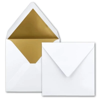 Immagine di 50x buste quadrate 15,5 x cm Colore: bianco foderato con carta metallizzata oro Incollaggio a umido per inviti e saluti cari