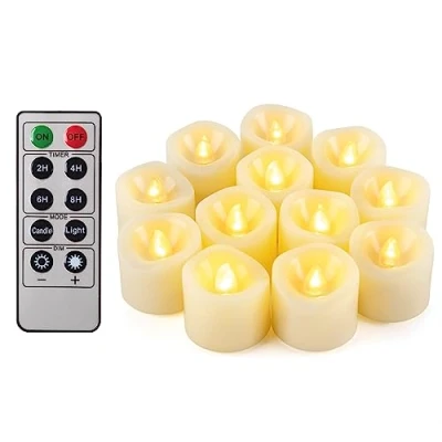 Immagine di set di 12 lumini votivi a LED senza fiamma, con telecomando, funzionamento batteria, elettrici per esterni, candele timer Natale, decorazioni natalizie (batterie incluse)