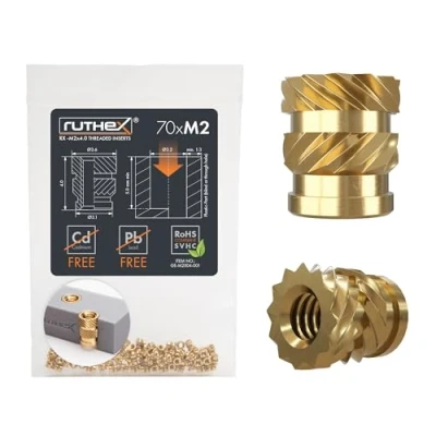 Immagine di ruthex Inserto filettato M2 70 pezzi RX M2x4 Boccola filettata in ottone dado di inserimento per parti plastica utilizzabile stampate 3D tramite calore o ultrasuoni