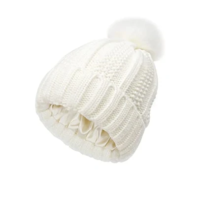 Immagine di TOEECY Berretto Invernale da Donna Cappello Beanie Caldo con Pom Pelliccia Faux Morbido Berretti in Maglia Raso Foderato Cappellino Slouchy ed Moda per Proteggere l&#039;Acconciatura (Bianco)
