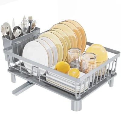 Immagine di LIONONLY scolapiatti a 1 livello, con scolapiatti, salvaspazio, per bancone della cucina, porta utensili da tavola, grigio