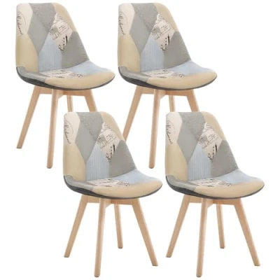 Immagine di WOLTU 4 X Sedie per Sala da Pranzo Sedia Scrivania con Schienale Rivestito in Tessuto di Lino Patchwork Gambe Legno Moderno Pezzi BH29pw