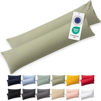 Immagine di Blumtal Federe Cuscini Letto Matrimoniale Cotone 40x145 100% Cotone, Set di 2 in Jersey con Cerniera, Federa certificate Oeko Tex, Cuscino Verde Oliva