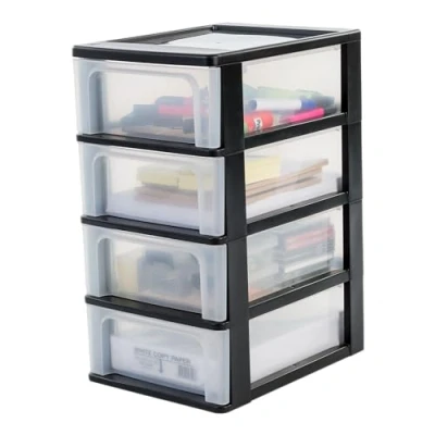 Immagine di Iris Ohyama Cassettiera in Plastica, Portaoggetti, 4 Cassetti Medi, Nero, Apertura Facile, Formato A4, A5 e A6, Organizzatore, Per Ufficio, Scuola, Cartoleria, Senza BPA, Contenitore, OCH 2004