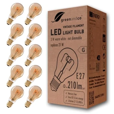 Immagine di greenandco 10x Lampadina a filamento LED Vintage E27 A60 3W (equivalente 21W) 210lm 2000K (bianco caldo) 360 230V AC Vetro, nessun sfarfallio, non dimmerabile