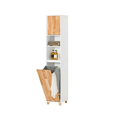 Immagine di SoBuy Mobile colonna bagno con portabiancheria e Mobiletto stretto salvaspazio ad anta singola. Colore Bianco Naturale L31*A170*P32 cm BZR74 W