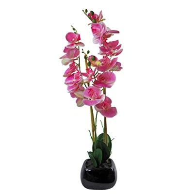 Immagine di Leaf Orchidea Artificiale da 70 cm con fioriera in Ceramica Nera 65 cm, Rosa Chiaro e Nero