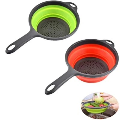 Immagine di ddLUCK scolapasta pieghevole in silicone, per con manici, salvaspazio, scolare, verdure, verde e rosso, confezione da 2