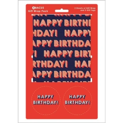 Immagine di Carta da regalo 12368A &quot;Testo di compleanno&quot; confezione con 2 fogli e etichette, senza plastica completamente riciclabile, multicolore